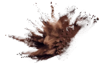 Foto op Plexiglas Explosion splash of ground coffee or cocoa powder with freeze isolated on background, pile of splatter of coffee grind dust powder, brown shattered beans. © TANATPON