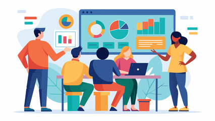 Fototapeta premium In a brightly lit room technicians huddle around a large monitor yzing graphs and charts that display data from various sources. They work