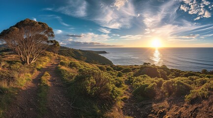   The sun sets over the ocean, leaving a trail up the hill On the other side of the path, water and trees await