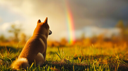 美しい虹を見つめる柴犬の後ろ姿