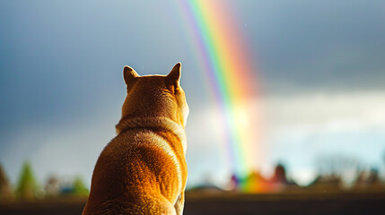 美しい虹を見つめる柴犬の後ろ姿