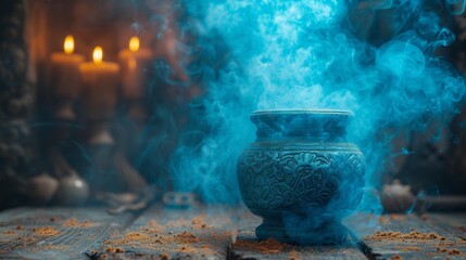   A blue vase atop a wooden table, nearby, a cluster of blue smoke issuing from it