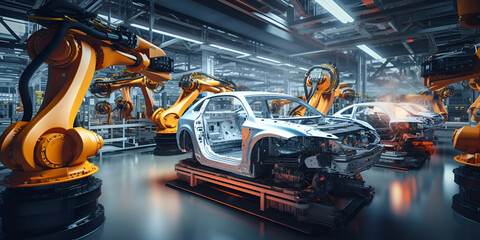  industrial robots in an automobile assembly plant, Automated Robot Arm Assembly Line Producing High Tech Electric Vehicles, Car Factory 3D Concept Automated Robot Arm Assembly Generative AI