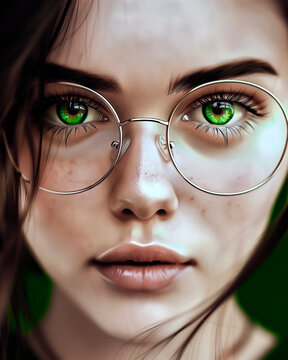 Intense green eyes through glasses