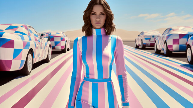 Futuristic fashion model with striped cars