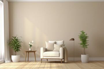 Simplistic white frame on beige and Scandinavian walls, unveiling a modern living room's essence - plain walls, wooden floor, and a potted plant.