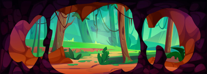 View on jungle from inside cave with stone walls and stalactites. Cartoon vector landscape of summer rain forest with trees and liana vines through cavern hole entrance. Prehistoric underground grotto - obrazy, fototapety, plakaty