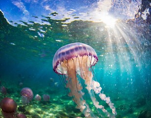 Qualle schwimmt im Meer und schaut schön aus - lila Riesenqualle im Wasser - obrazy, fototapety, plakaty