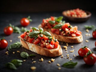 Italian Bruschetta, diced tomatoes marinated in olive oil, balsamic garlic and basil served over crostini