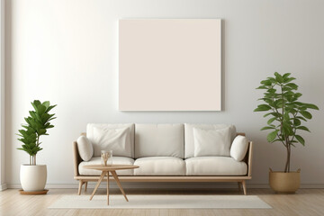 Simplistic white frame against beige and Scandinavian backdrop, showcasing a modern living room's...