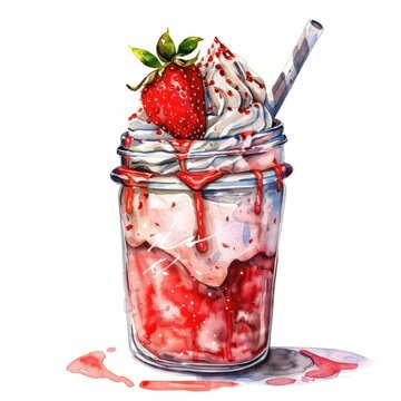 Watercolor illustration of a strawberry sundae with chocolate drizzle and whipped cream