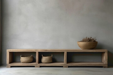 Simple wooden storage set against rough concrete, waiting for poster.