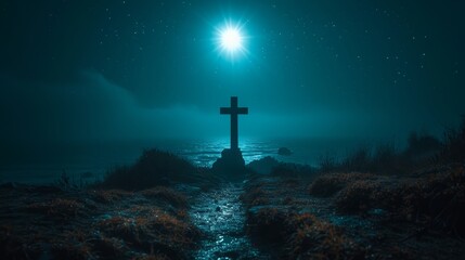   At night, a hilltop bears a solitary cross, aglow with a brilliant beacon overhead The tranquil water below reflects the light, while a serene trail leads to the