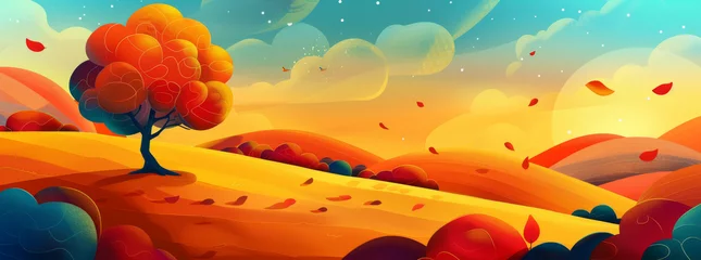 Photo sur Plexiglas Melon An autumn landscape with a tree and hills, in a vector illustration style resembling cartoons