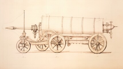 Fototapeta na wymiar Abstract drawing displays ancient vehicle. Technical sketch unveils old machinery.