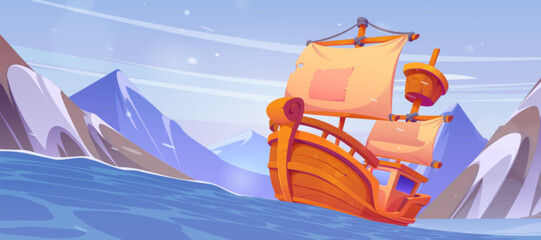 Old wooden sailboat floating in sea, snowy rocky mountains on horizon. Vector cartoon illustration of north scenery with viking vessel sailing on stormy water waves, adventure travel game background - obrazy, fototapety, plakaty