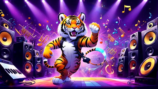 tiger with headphones dancing in a music studio surrounded by musical instruments under purple lighting. Seamless looping 4k time-lapse video animation background 
