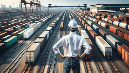 Engineer Overlooking Vast Cargo Train Operations
 - obrazy, fototapety, plakaty