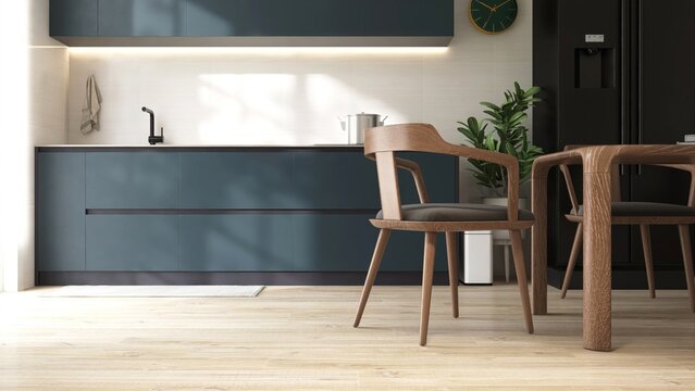 Light brown laminated parquet floor of modern dining room, kitchen with wooden table and chairs, dark teal blue counter cabinet, cupboard and refrigerator in sunlight for interior design background 3D