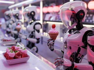 Futuristic robots serving Strawberry Sundaes in a high-tech diner with holographic menus