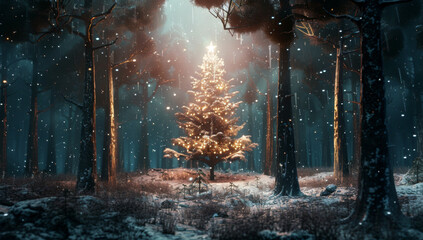 Christmas tree with shining star in winter night forest, glowing Christmas tree on snow background