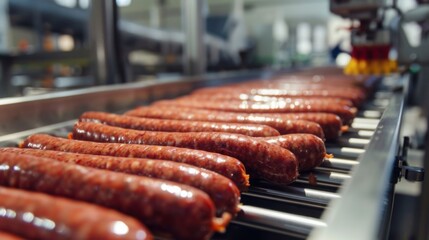 Automated sausage production factory. Conveyor at a meat factory.  - obrazy, fototapety, plakaty