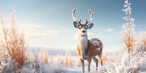 A big deer stands on a cold winter night in a snowy forest ,
Snowy Forest Wildlife: Majestic Deer AI Generative