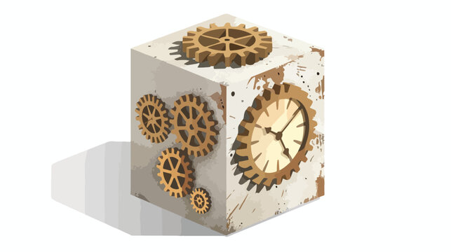 Creative gear cogwheel clock on concrete cube. flat vector