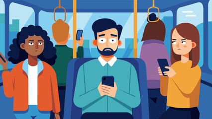 An image of a person being harassed on public transportation while other passengers turn a blind eye and continue scrolling on their phones.