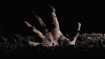 A human arm sticking eerily out of the ground, evoking the classic horror movie about a zombie...