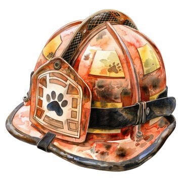 A watercolor clipart of a firefighter helmet with paw prints symbolizing pet rescue