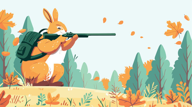 Cute fluffy rabbit hunter with a gun on the hunt