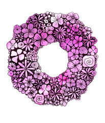 Wreath of pink flowers isolated on white background. View from above. Flowers of different shapes and sizes. They are drawn with a black outline. They have an uneven blue watercolor fill. Symbol.