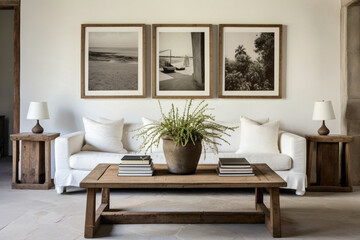 Simple and inviting living area adorned with two sofas, an old wooden table, and an empty frame...