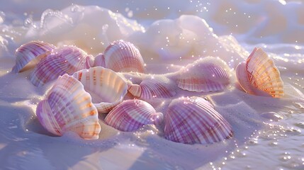 An array of pinkish seashells nestled on a sandy beach as foamy waves gently wash over them, mother of pearl shells,highlighted by the warm glow of a setting sun