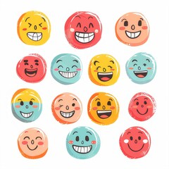 Clipart illustration with various types of smiley faces on a white background.	