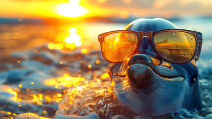 Happy Dolphin Wearing Sunglasses Smiling with Sunset Background