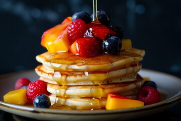   A stack of pancakes topped with fruit on a white plate, situated on a wooden table against a black background - obrazy, fototapety, plakaty