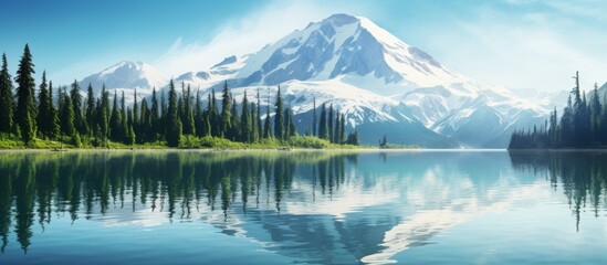 Scenic mountain with a reflection in a calm lake surrounded by green trees under a clear blue sky - Powered by Adobe