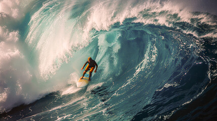 A surfer fights against big waves