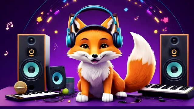 Fox with headphones dancing in a music studio. Seamless looping 4k time-lapse video animation background 