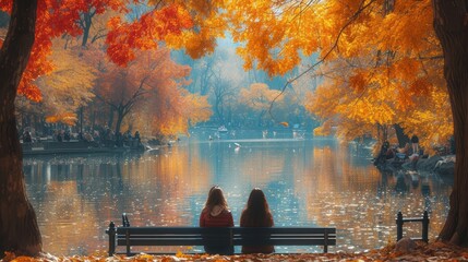   Two women seated on a bench before an autumnal body of water, encompassed by trees shedding orange and yellow leaves - obrazy, fototapety, plakaty