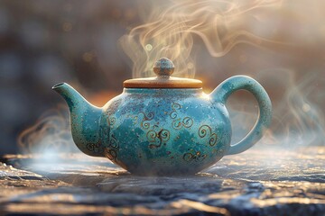 Photorealistic steaming teapot, vibrant ceramic glaze, in the early morning sun ,3DCG,clean sharp focus - obrazy, fototapety, plakaty