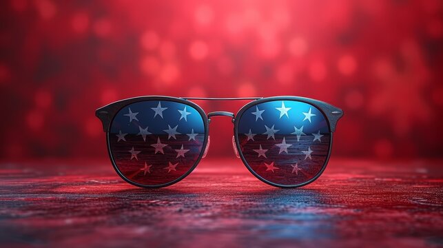   A pair of sunglasses reflecting the American flag on each side