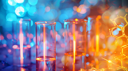 Test-tubes with water on the shining background ,Glass tubes used in scientific laboratories, light blue background

