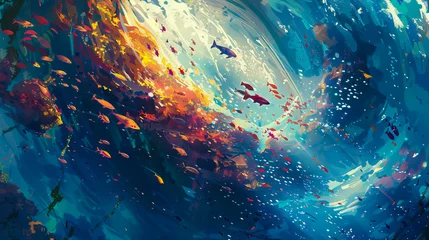 Fotobehang abstract painting school of fish in the ocean. © Curva Design
