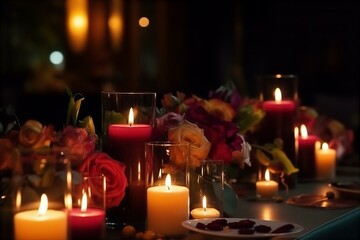 Obraz na płótnie Canvas table, decorated, candles, flowers, decoration, centerpiece, elegant, dining, ambiance, romantic, setting, event, beautiful, arrangement