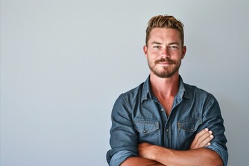 Portrait of a handsome man standing with arms crossed against grey background - obrazy, fototapety, plakaty