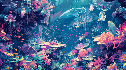 colorful underwater world with corals and sea animals.