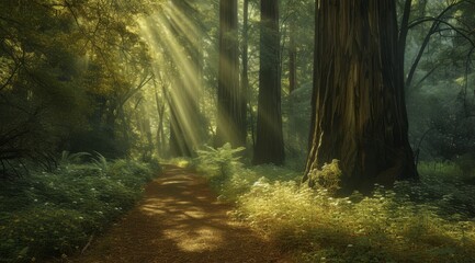   A sunlit path weaves through the forest, trees framing beams of sunlight Sun rays filter through tree canopies, casting warm light on the trail ahead
